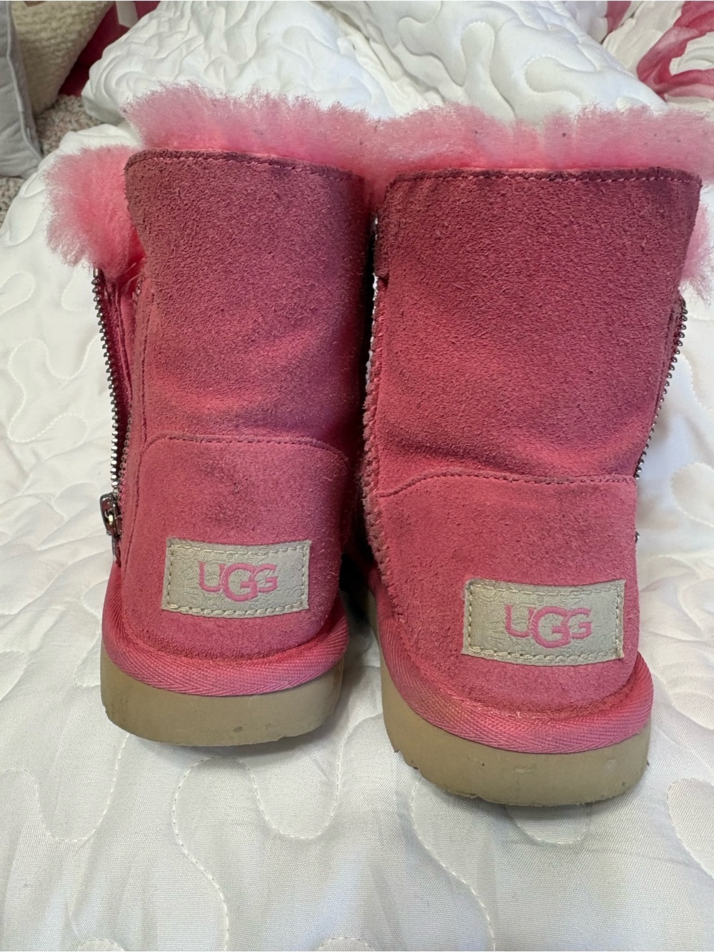 UGG Kids Pink Suede Shearling Zip Back Boots